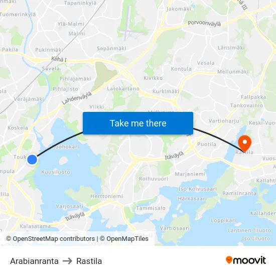 Arabianranta to Rastila map