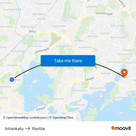 Intiankatu to Rastila map