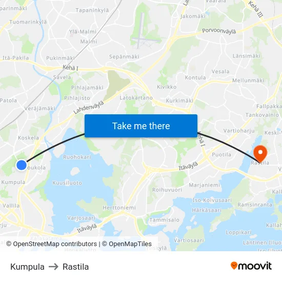 Kumpula to Rastila map