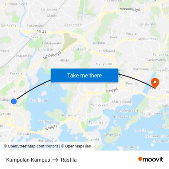 Kumpula Campus to Rastila map