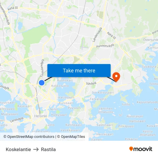 Koskelantie to Rastila map