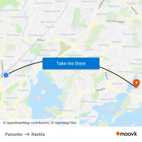 Panuntie to Rastila map