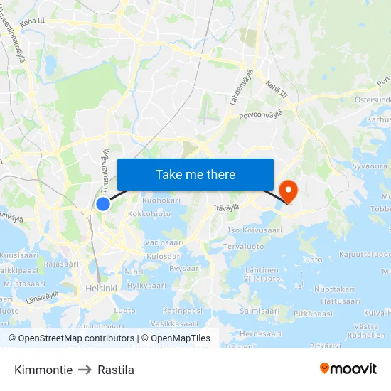 Kimmontie to Rastila map