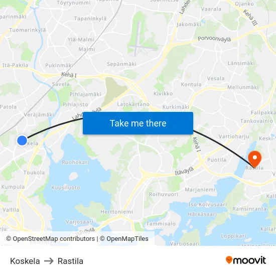 Koskela to Rastila map