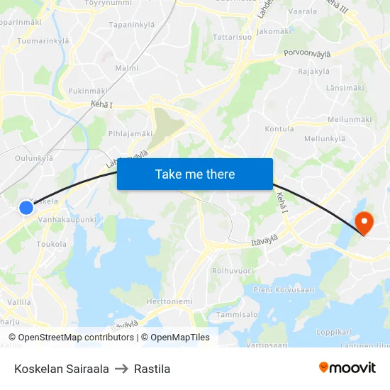 Koskela Hospital to Rastila map