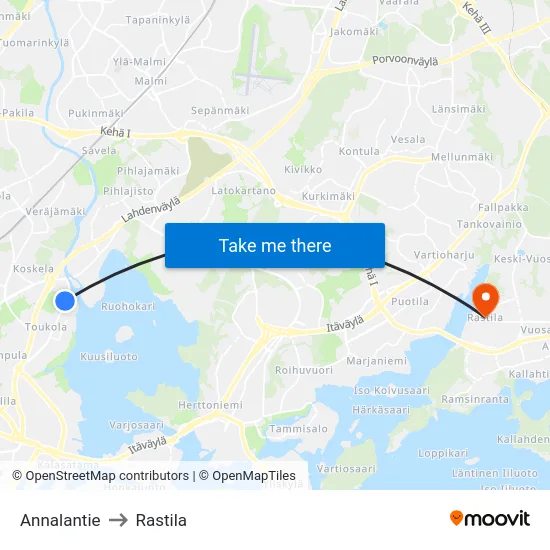Annalantie to Rastila map
