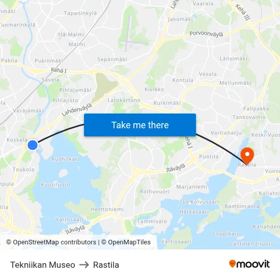 Museum of Technology to Rastila map