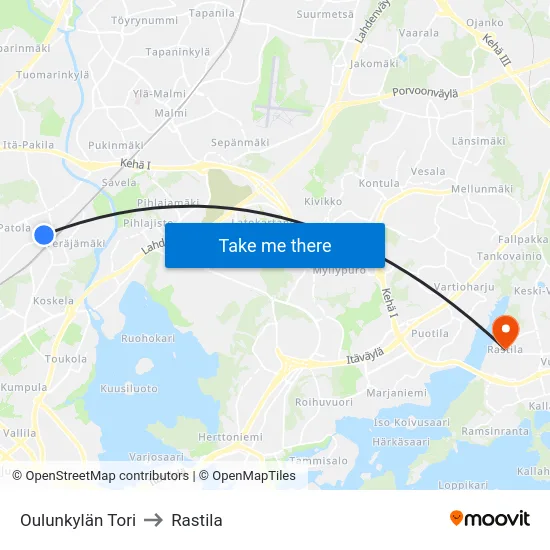 Oulunkylän Tori to Rastila map