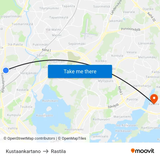 Kustaankartano to Rastila map