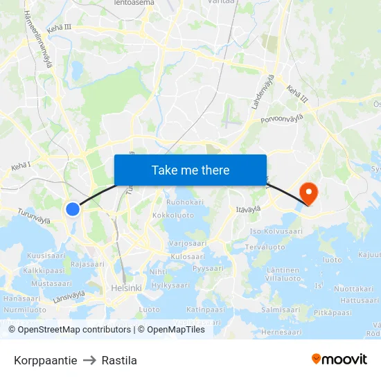 Korppaantie to Rastila map