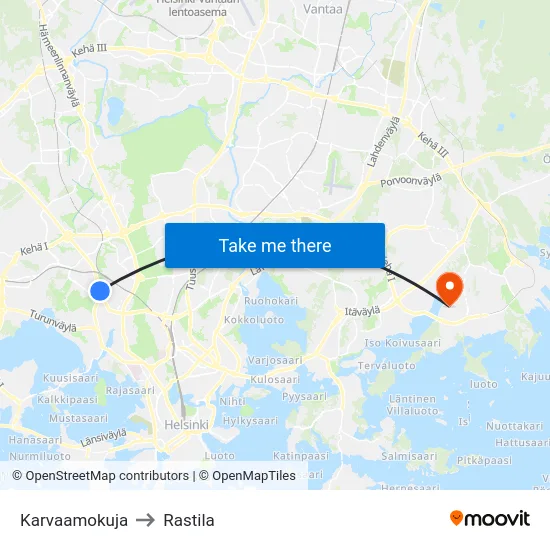 Karvaamokuja to Rastila map