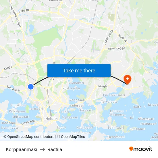 Korppaanmäki to Rastila map