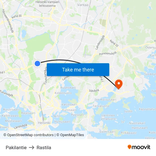 Pakilantie to Rastila map