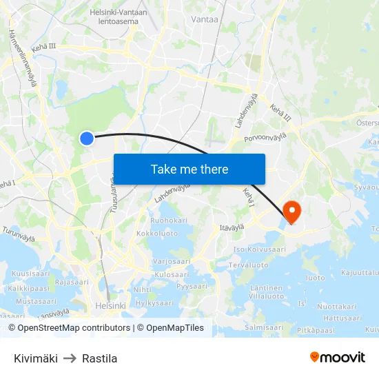 Kivimäki to Rastila map