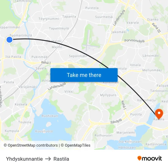 Yhdyskunnantie to Rastila map