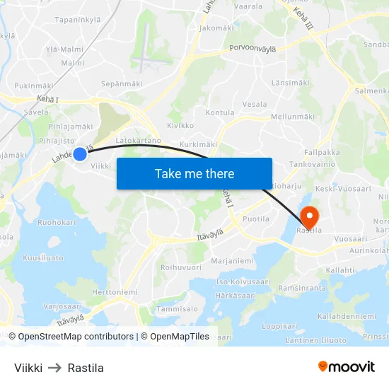 Viikki to Rastila map