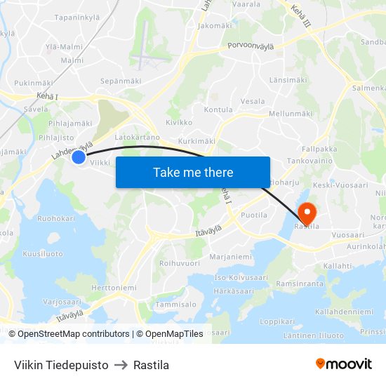 Viikin Tiedepuisto to Rastila map