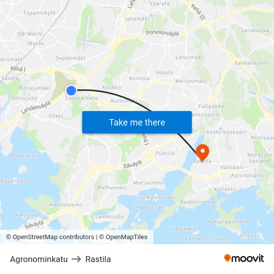 Agronominkatu to Rastila map