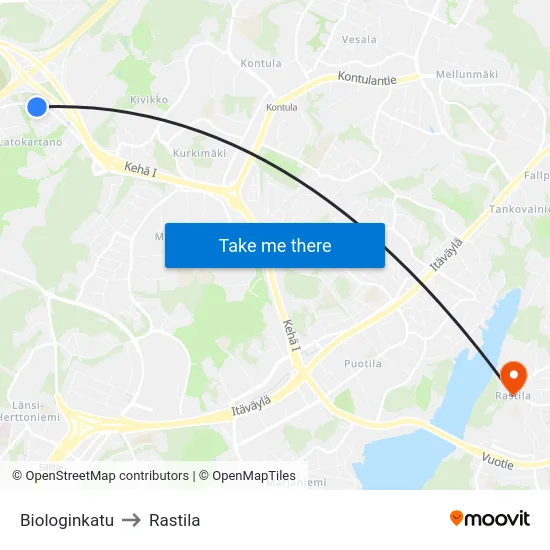 Biologinkatu to Rastila map