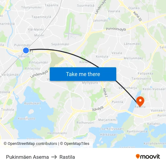 Pukinmäen Asema to Rastila map