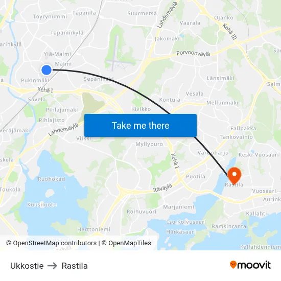 Ukkostie to Rastila map