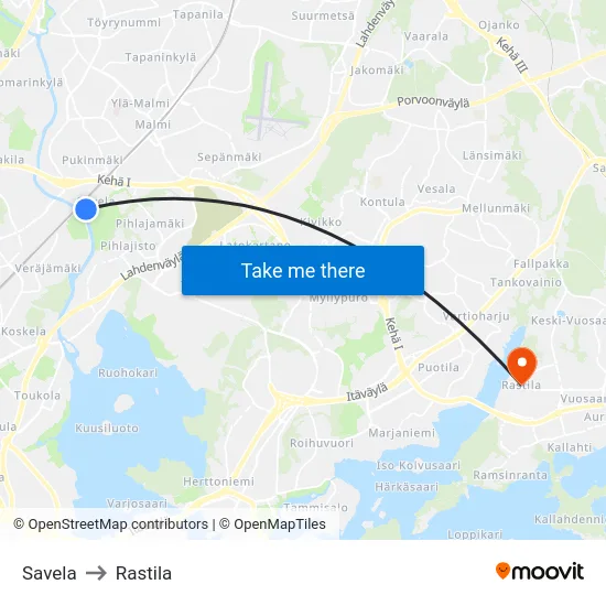 Savela to Rastila map