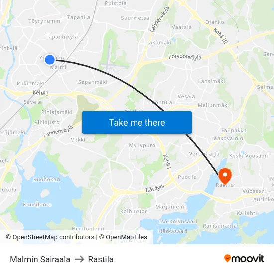 Malmin Sairaala to Rastila map