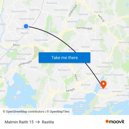 Malmin Raitti 15 to Rastila map
