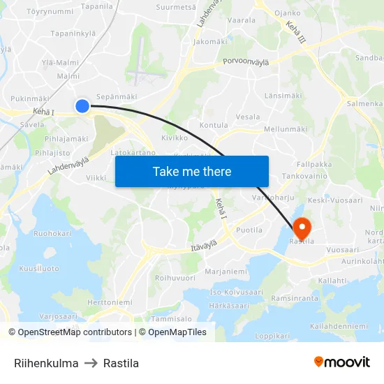 Riihi Corner to Rastila map