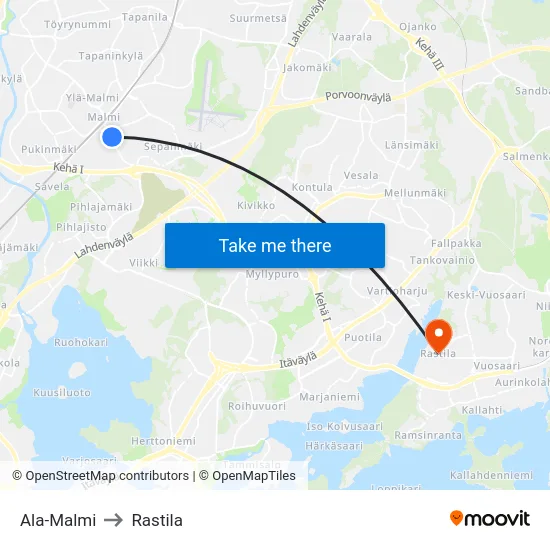Ala-Malmi to Rastila map