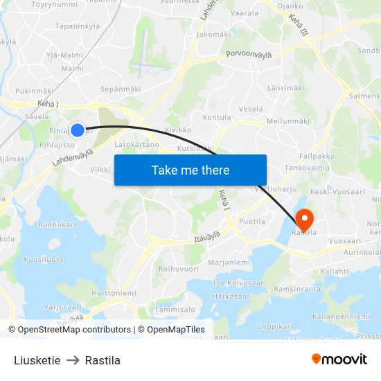 Liusketie to Rastila map