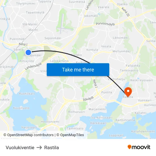 Vuolukiventie to Rastila map