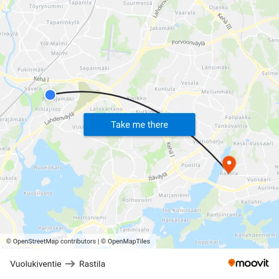 Vuolukiventie to Rastila map