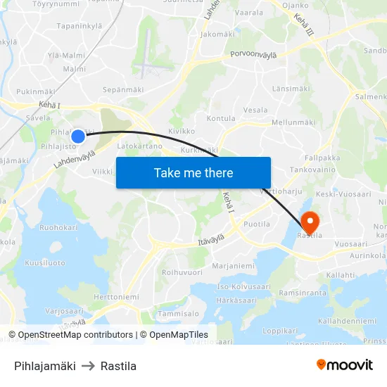 Pihlajamäki to Rastila map