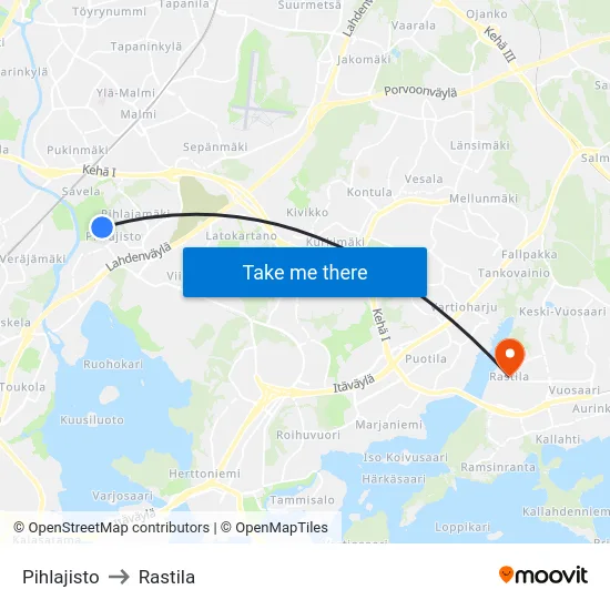 Pihlajisto to Rastila map
