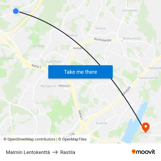 Malmi Airport to Rastila map