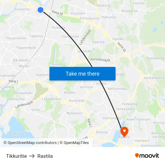 Tikkuritie to Rastila map