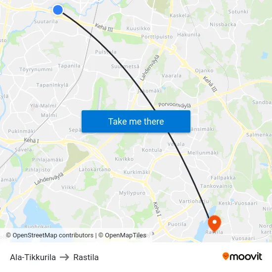 Ala-Tikkurila to Rastila map