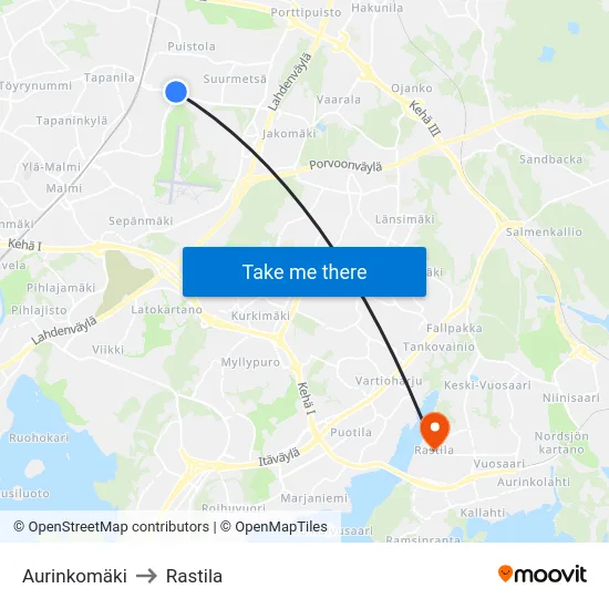 Aurinkomäki to Rastila map