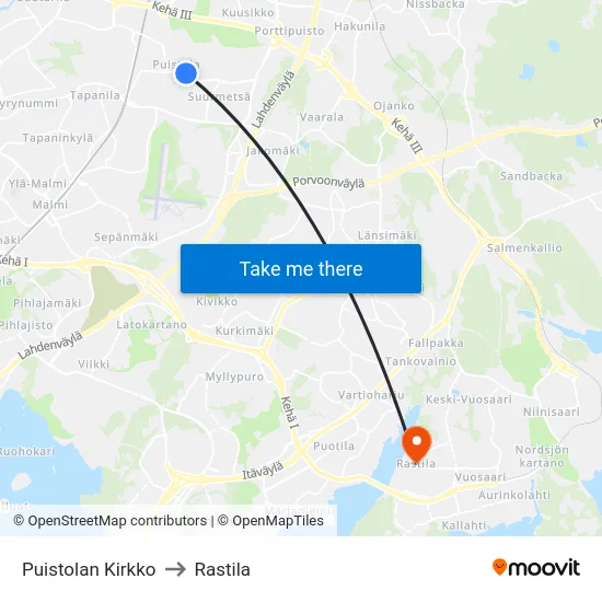 Puistolan Kirkko to Rastila map