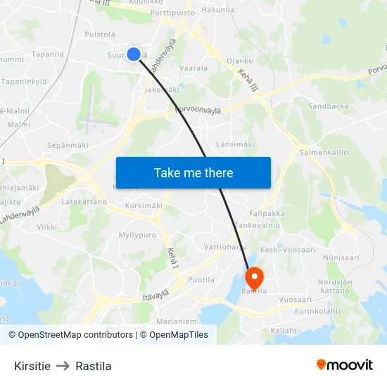Kirsitie to Rastila map