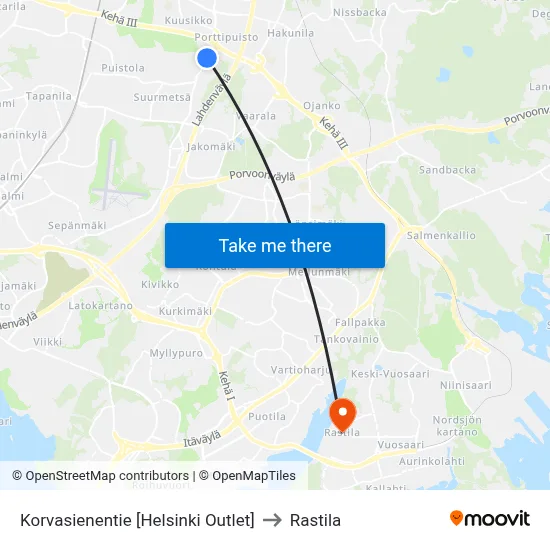 Korvasieni Road [Helsinki Outlet] to Rastila map