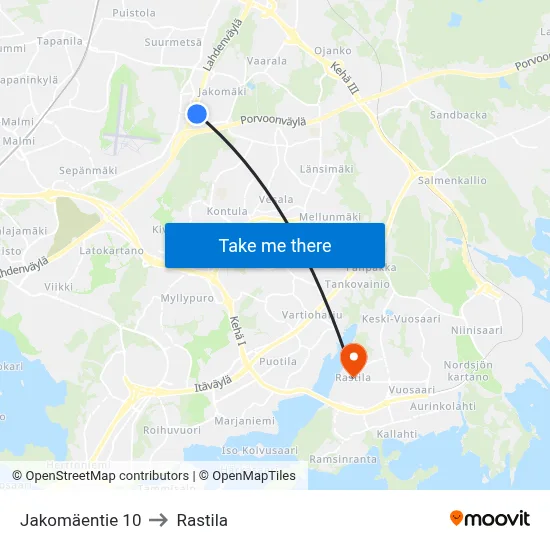 10 Jakomäentie to Rastila map