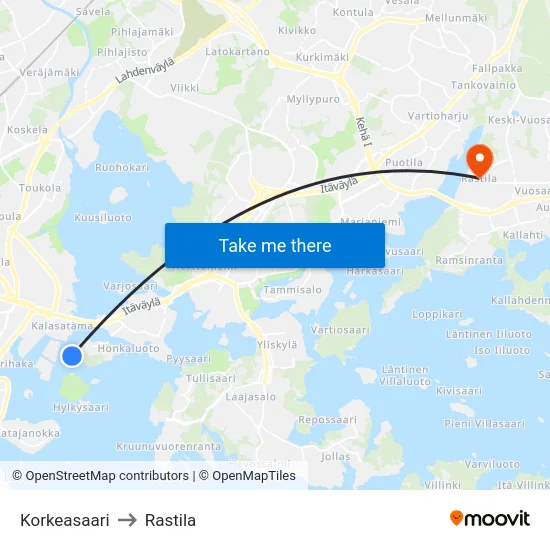 Korkeasaari to Rastila map