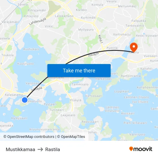 Mustikkamaa to Rastila map