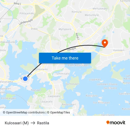 Kulosaari (M) to Rastila map
