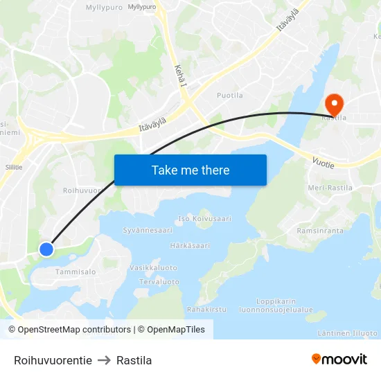 Roihuvuorentie to Rastila map