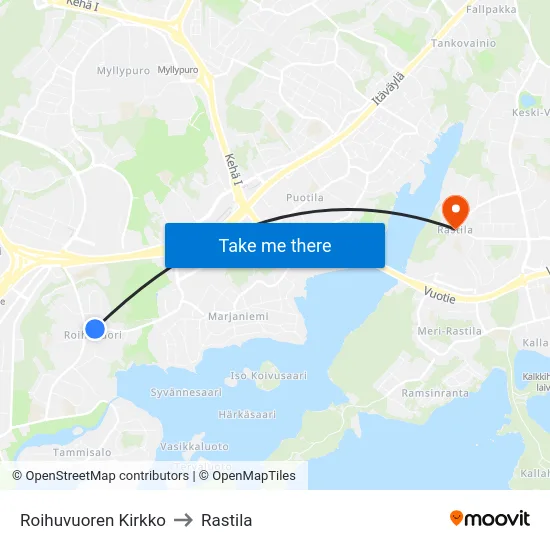Roihuvuoren Kirkko to Rastila map