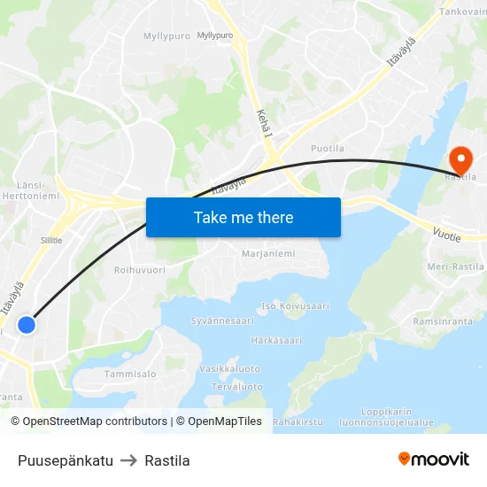 Puusepänkatu to Rastila map