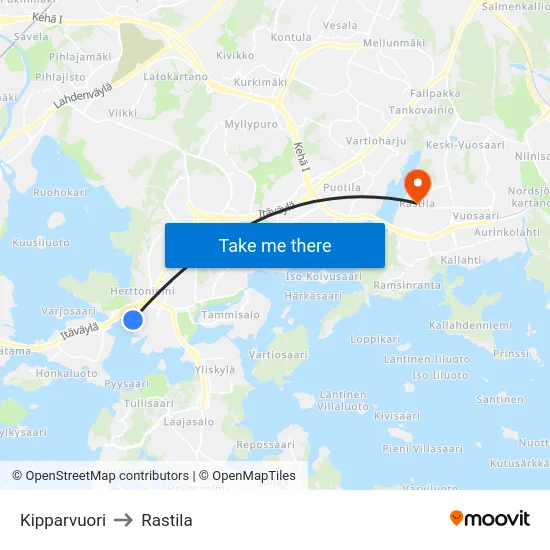 Kipparvuori to Rastila map